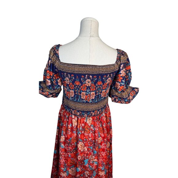 NEW Bohemian Large Floral Boho Maxi Dress Smocked Bodice & Puff Sleeves - Picture 10 of 12